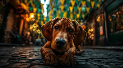 Cute Dog Resting on Cobblestone Street with Colorful Bunting for Brazilian Festival perfect for pet culture editorials, travel blogs, national holiday campaigns and street celebration visuals