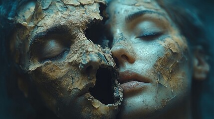 Naklejka premium A weathered face and a living beauty create a striking contrast of life and death, prompting deep reflection