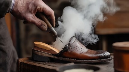 Artisan Shoe Crafting with Smoke and Detail in Workshop Setting