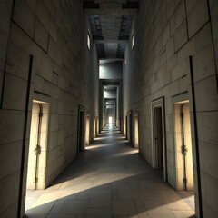 a long, symmetrical hallway crafted from stone, lined with open doorways and bathed in warm,