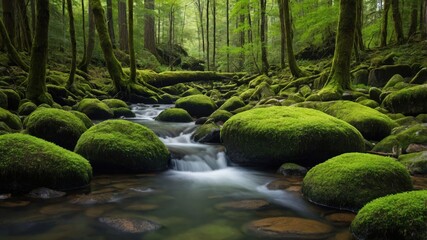 Obraz premium Tranquil forest stream flowing over mosscovered rocks in lush greenery