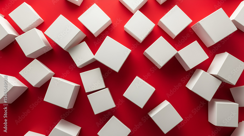 Poster white cubes scattered on a red surface creating a geometric pattern