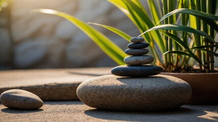 Serene balance: zen stone stack and bamboo plants in warm natural light for tranquil meditation