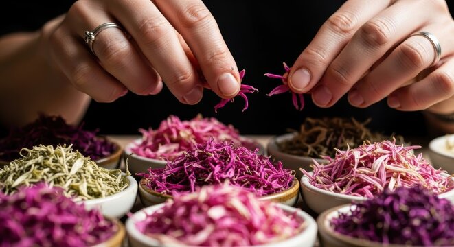 Close-up of hands selecting colorful dried flowers in ceramic bowls for herbal tea or potpourri