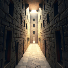 a long, symmetrical hallway crafted from stone, lined with open doorways and bathed in warm,