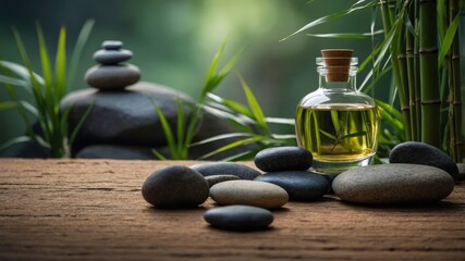 Serene spa scene with essential oil bottle, smooth stones, and lush bamboo for tranquility and relaxation