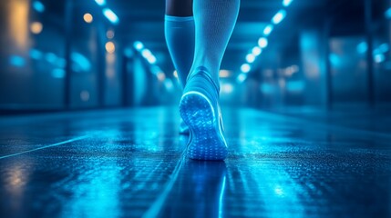 A solitary figure walks confidently through a luminous, blue-tinted corridor, leaving glowing footprints behind
