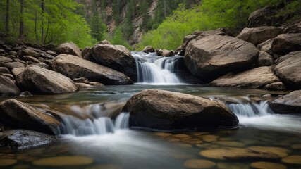 Obraz premium Tranquil forest stream with cascading waterfalls and towering rocks
