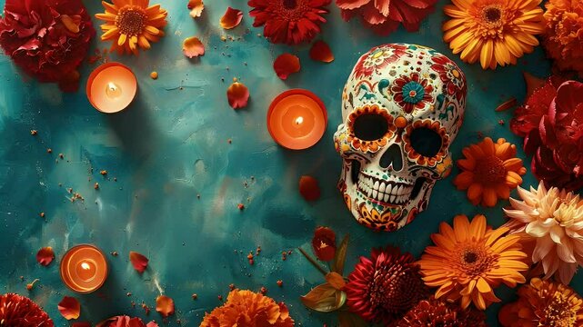 Decorated Skull with Flowers and Lit Candles on Teal Background Overhead View