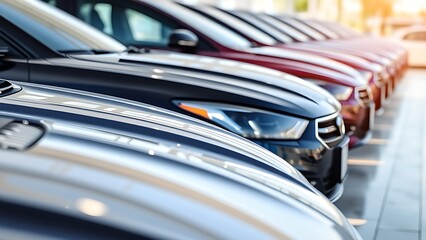 Shiny cars lined up in a dealership, clean and sleek under natural daylight.