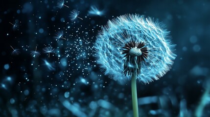 Blue Dandelion Puff Dispersing into Stardust