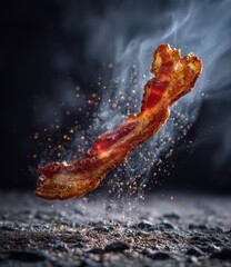 Crispy bacon slice in mid-air, smoke and spices erupting