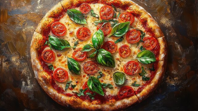 A pizza depicted in oil painting style, with rich textures and warm tones, capturing the delicious, artisanal quality of the dish.