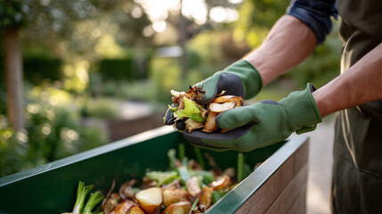 Gloved hands adding food scraps into a green compost bin