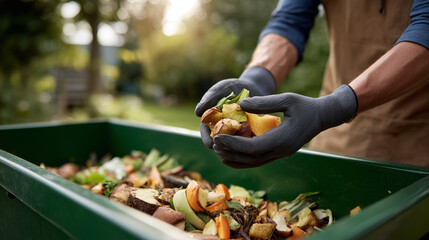 Gloved hands adding food scraps into a green compost bin