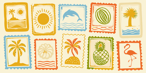 Collection of Tropical Vacation Themed Stamp Illustrations with Palm Trees and Beach Elements