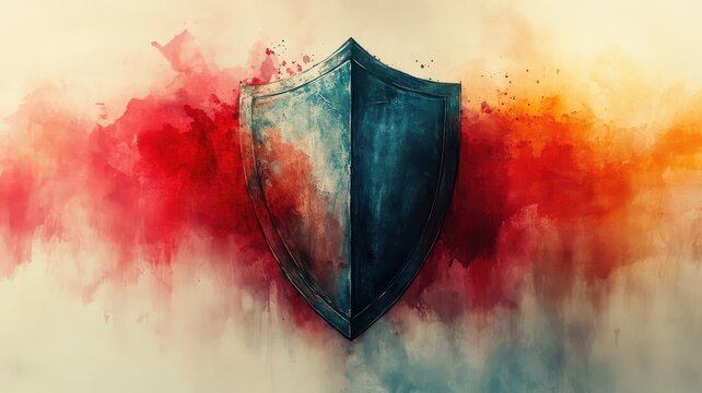 Watercolor style shield with fluid brushstrokes and dynamic shading.