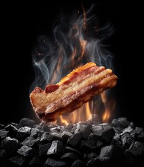 Crispy bacon slice floats above hot embers, smoke and flames rise