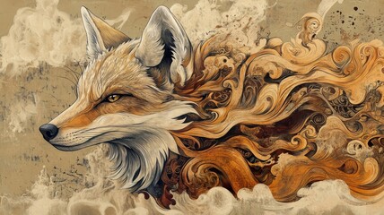 Art Nouveau style coyote, intertwined with intricate, flowing organic patterns.