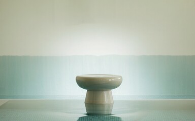 Minimalist stool in a serene spa setting with soft, diffused lighting