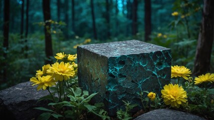 Mystical glowing stone cube in enchanted forest with yellow flowers