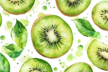 Fototapeta premium Watercolor seamless pattern of kiwi fruits, isolated on a white background.