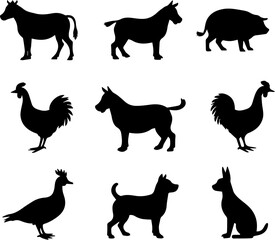 Farm Animal Silhouettes Set 12 Black Vector Icons on White Background