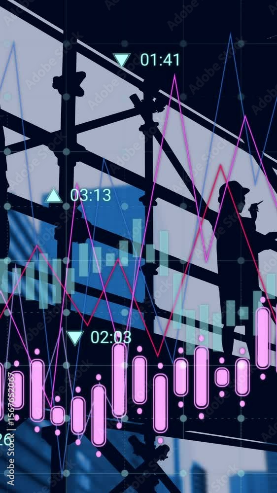Poster animation of financial data processing over office building