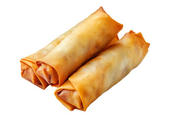 Naklejka na ściany i meble Crispy golden spring rolls with flaky texture shown isolated on white transparent background, representing Asian cuisine snack concept