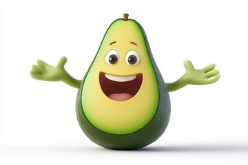 3D cartoon character avocado, isolated on a white background.
