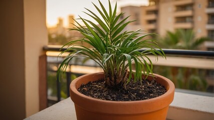 Tranquil balcony oasis: potted palm in warm evening light surrounded by urban landscape