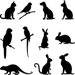 Pet Animal Silhouettes Set 12 Vector Icons of Domesticated Pets