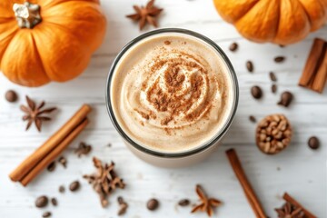 Pumpkin spice latte with cream, cinnamon, star anise, on white wood. Great for fall-themed blogs, beverage ads, and holiday promotions.