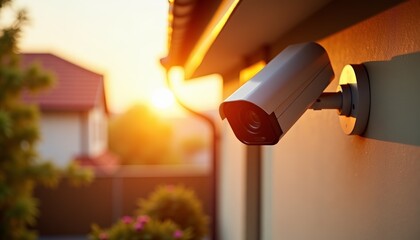 Security camera mounted on building wall during golden sunset, overlooking residential garden with trees and fence. Home surveillance and outdoor safety.
