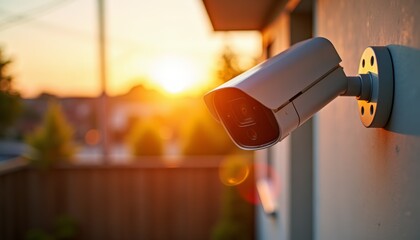 Security camera mounted on building wall during golden sunset, overlooking residential garden with trees and fence. Home surveillance and outdoor safety.