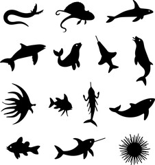 Deep Sea Animal Silhouettes Set 12 Ocean Life Vector Icons
