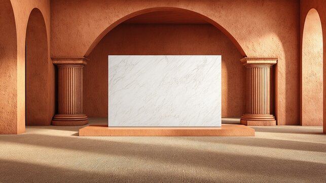 Empty terracotta archway, white marble slab - Powered by Adobe