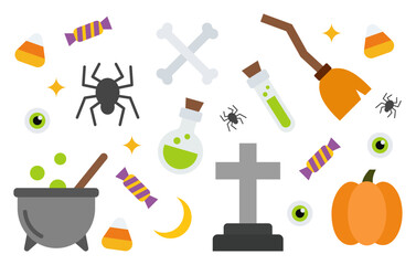 set of black silhouette halloween scary and cute flat icons. collection of halloween elements made made of geometric shapes.	