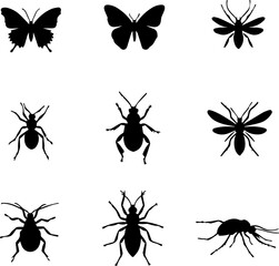 Insect Silhouettes Set 9 Black Vector Icons of Bugs and Insects