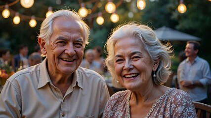 Senior caucasian couple smiling warmly outdoors under string lights during evening, family love atmosphere - Powered by Adobe