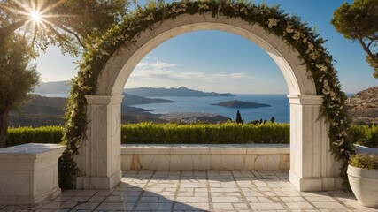 Mediterranean garden terrace with floral arch overlooking sea and hills at sunset