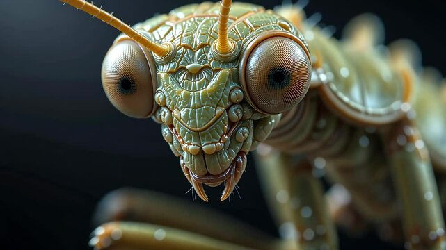 Macro close-up of green praying mantis with large eyes looking directly at camera against soft background, insect world concept