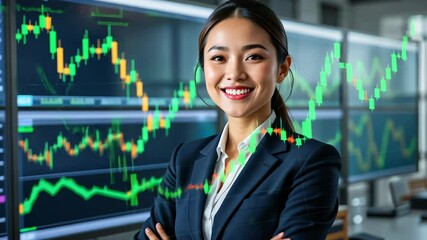 Young asian businesswoman smiling confidently with stock market charts in background, finance success concept - Powered by Adobe