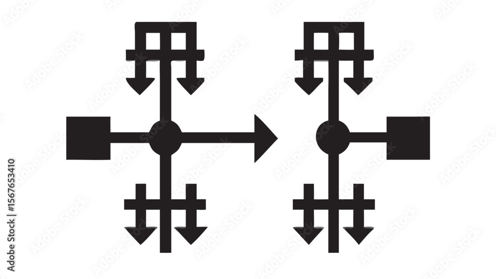 Poster abstract diagram showing two interconnected nodes with directional arrows isolated on white backgrou