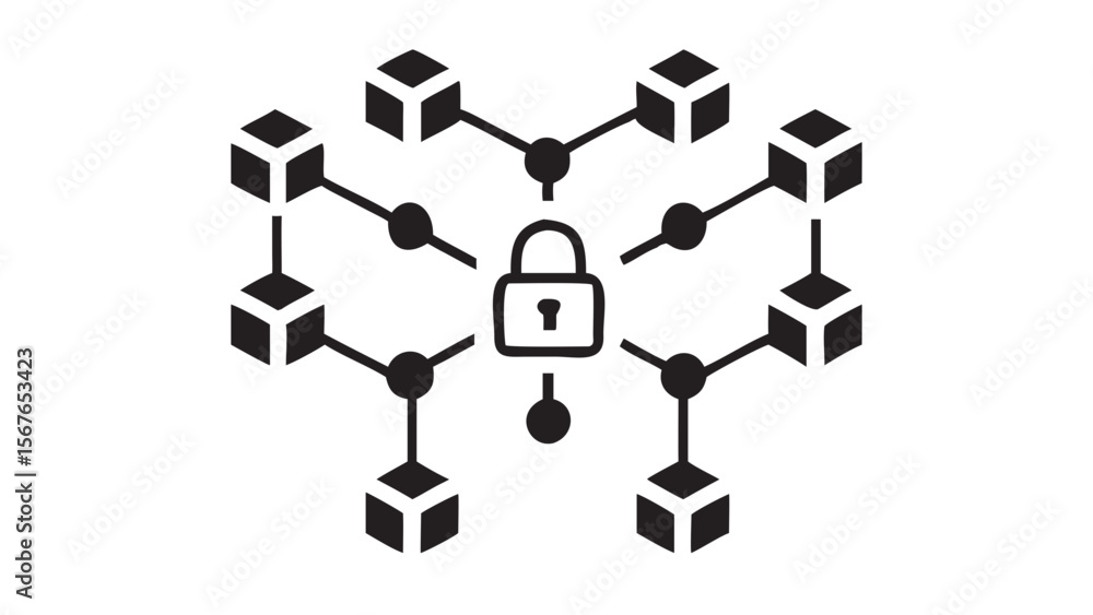 Poster blockchain network with a central security lock icon isolated on white background