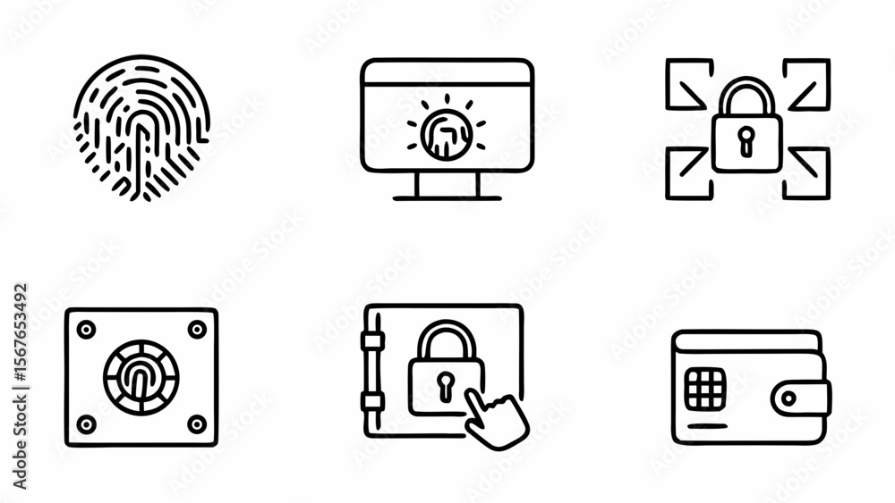 Fototapete Collection of security and privacy icons including fingerprint computer lock safe and wallet isolated on white background