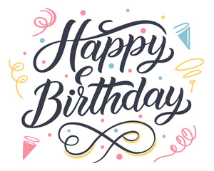 Elegant dark blue script calligraphy happy birthday text with pastel confetti and party streamers on white background