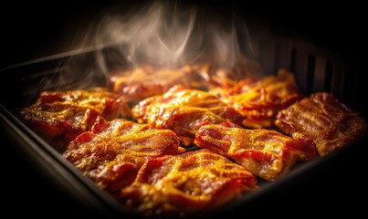 Crispy bacon slices sizzling in a dark pan, steam rising