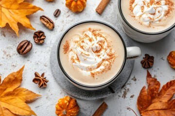 Warm pumpkin spice latte with cream, cinnamon on a fall themed background. Perfect for seasonal promotions or autumn, Thanksgiving designs projects.