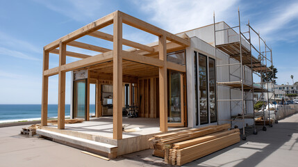 Coastal home construction site with ocean view